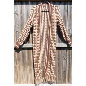 Fashion Nova Boho Duster Cardigan Brown Cream Fringe Knit Sweater Women M